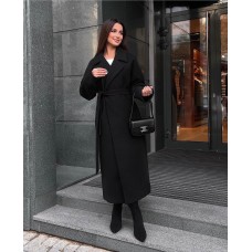 Женское пальто на подкладке трендовая длина на запах кашемир черный