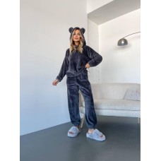 Теплый махровый костюм кофта с ушками + штаны графит
