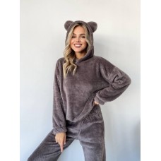 Теплый махровый костюм кофта с ушками + штаны мокко