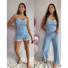 Пижама тройка майка+шорты+брюки трикотаж рубчик голубой