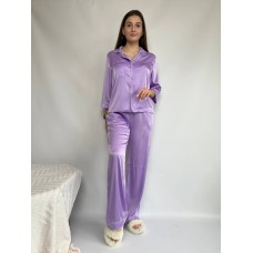 Нежный домашний костюм-пижама рубашка+штаны шелк Армани сиреневый