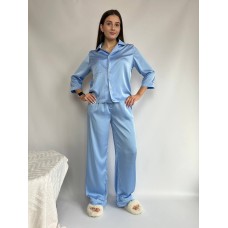 Нежный домашний костюм-пижама рубашка+штаны шелк Армани голубой