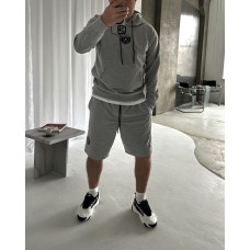 Трикотажный мужской костюм тройка (кофта с капюшоном+футболка+шорты) серый