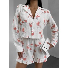 Комплект-пижамка из муслина (рубашка на пуговицах+шорты на резинке с карманами) принт фламинго