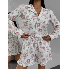 Комплект-пижамка из муслина (рубашка на пуговицах+шорты на резинке с карманами) принт большие цветы
