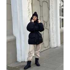 Куртка теплая с капюшоном под пояс+карманами черный