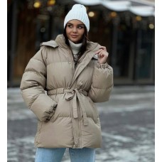 Куртка теплая с капюшоном под пояс+карманами бежевый