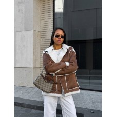 Замшевая дубленка с меховой отделкой с карманами рыжий