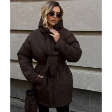 Женский комплект (объемная куртка с капюшоном+карманами+перчатки) шоколад