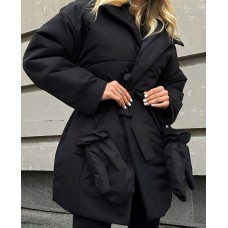 Женский комплект (объемная куртка с капюшоном+карманами+перчатки) черный