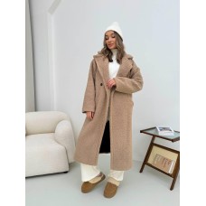 Теплое Пальто Тедди на подкладке с поясом бежевый