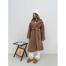 Теплое Пальто Тедди на подкладке с поясом мокко