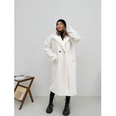 Теплое Пальто Тедди на подкладке с поясом молочный