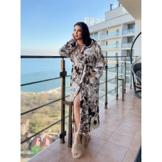 Мягкий плюшевый халат с капюшоном цветочный принт белый+коричневый