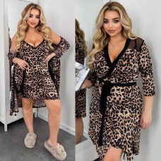 Трикотажный комплект для дома (ночная рубашка+халат на запах под пояс) тигровый