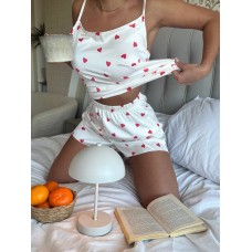 Шелковая пижама принт сердечки (шортики+кофточка на бретелях) белый