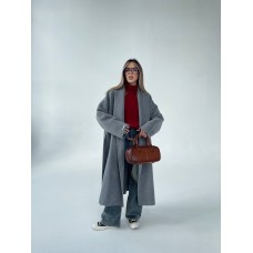 Пальто оверсайз с шалевым воротником+карманами под пояс кашемир графит