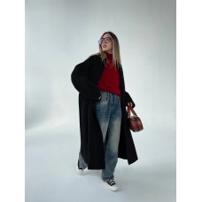 Пальто оверсайз с шалевым воротником+карманами под пояс кашемир черный