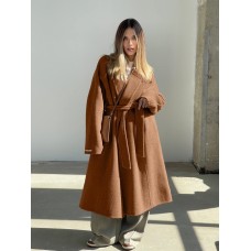 Пальто оверсайз с шалевым воротником+карманами под пояс кашемир коричневый