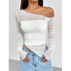 Двойной лонгслив ассиметричного кроя (нижний-эластичный трикотаж+верхний слой-стрейч сетка) белый