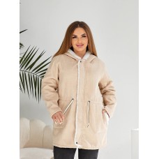 Куртка-парка из вельвета на меху с капюшоном на молнии+по талии шнурок бежевый
