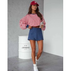 Молодежный Костюм (джинсовая юбка шорты+лонгслив в красную полоску)