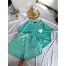 Удобный Костюм-пижама велюр спорт: футболка+шорты мята