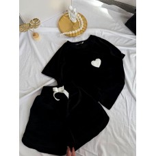 Удобный Костюм-пижама велюр спорт: футболка+шорты черный