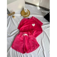 Удобный Костюм-пижама велюр спорт: футболка+шорты коралл