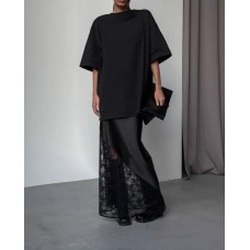 Шелковая юбка с кружевыми вставками длиной макси черный