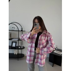 Рубашка свободного кроя из фланели в клетку темно-розовый