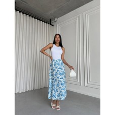 Юбка длиной макси А-силуэта талия на резинке в цветочный принт молочный+голубой