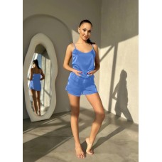 Шелковый костюм (шорты+топ на тонких бретелях) голубой