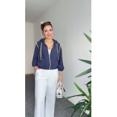 Легкая шелковистая ветровка на молнии с капюшоном+кантом контрасного цвета синий