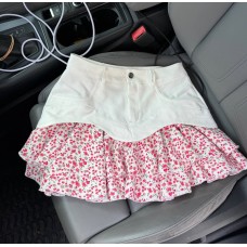 Джинсовая юбка с воланами в цветочек белый+розовый