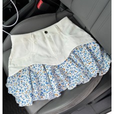 Джинсовая юбка с воланами в цветочек белый+голубой