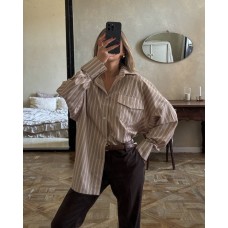 Рубашка коттон свободного кроя в полоску бежевый