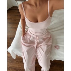 Домашний трикотажный костюм (свободные брюки+топ на бретельках) розовый