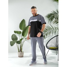 Спортивный костюм с контрастными вставками (футболка с коротким рукавом+брюки) черный+серые штаны