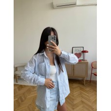 Льняная рубашка в полоску голубой