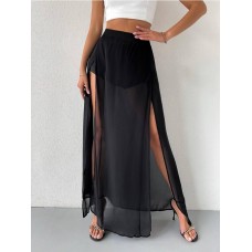 Юбка воздушная с разрезами+шортиками из микродайвинга черный