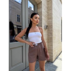 Летние шорты из льна с акцентным поясом с карманами шоколад