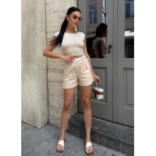 Летние шорты из льна с акцентным поясом с карманами бежевый