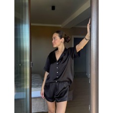 Домашний комплект из шелка: рубашка с коротким рукавом+шорты черный