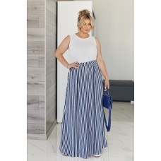 Шелковистые юбка-брюки принт полоска сине-белый