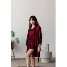 Комплект пижама ТРОЙКА: Халат, майка, шорты бордо