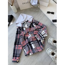 Теплая комфортная рубашка в клетку с капюшоно+карманами розовый+серый