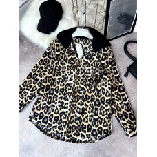 Теплая комфортная рубашка в клетку с капюшоно+карманами леопардовый принт