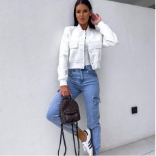 Женский бомбер на кнопках (Экокожа на байке) белый