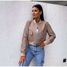Женский бомбер на кнопках (Экокожа на байке) мокко